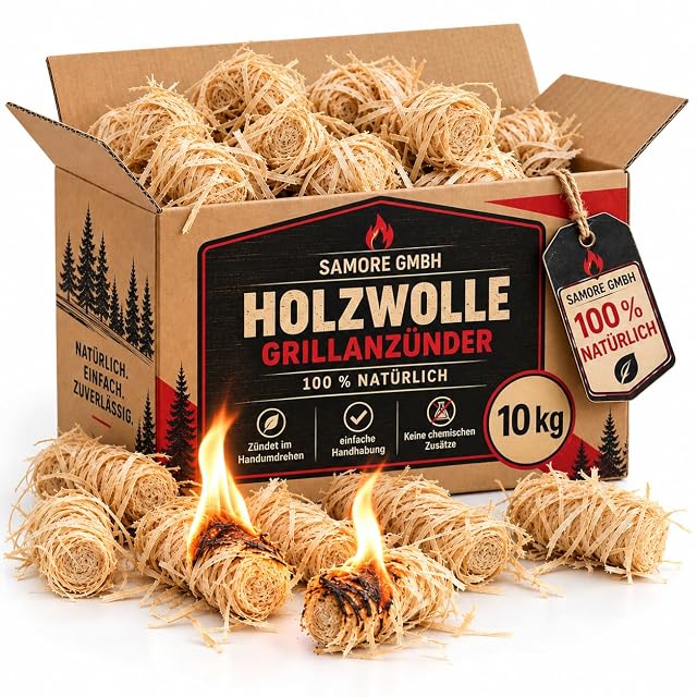 Eine plastikfreie 10-kg-Packung mit etwa achthundert Holzwolleanzündern, in pflanzliches Wachs getränkt