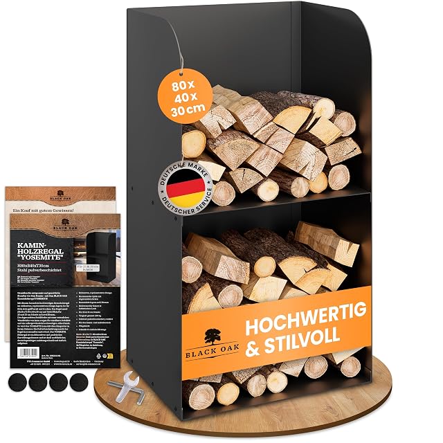 Ein schwarzes Stahl-Holzregal mit geschlossenen Seiten und Rückwand, zwei Ebenen, achtzig Zentimeter hoch