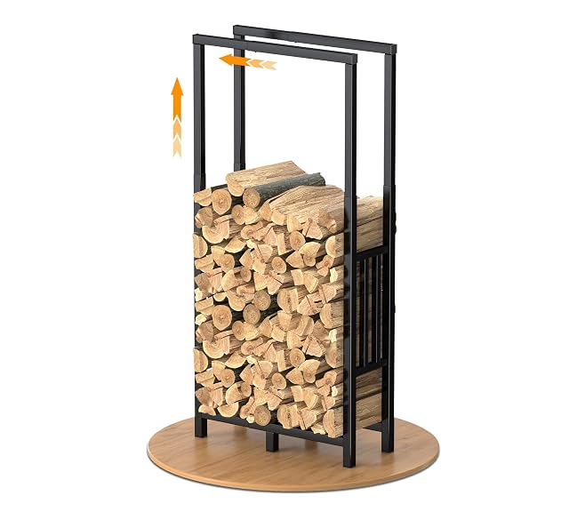 Ein verstellbares Metall-Holzregal mit Gummifüßen und erhöhtem Boden zur Brennholzlagerung