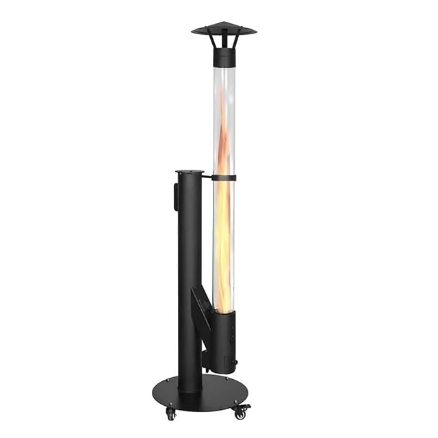 Schwarzer zylindrischer QH HeatRocket P07 Pelletofen auf Rollen