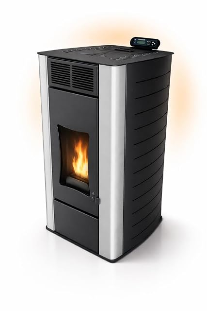 Schwarzer Umbrella P18 Hydro Pelletofen mit einem Bediendisplay und einem großen Behälterdeckel