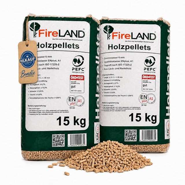 Zwei Säcke zu 15 kg ENplus-A1-Pellets von 6 mm aus Hart- und Weichholz-Nebenprodukten